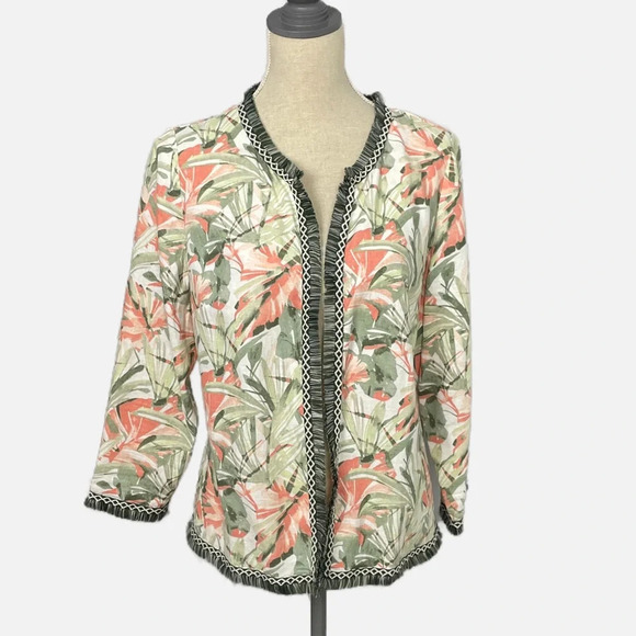 Chico’s Blazer Botanical Print Fringe Linen Blend Open Jacket Size 1 Medium 8/10 - Picture 2 of 13